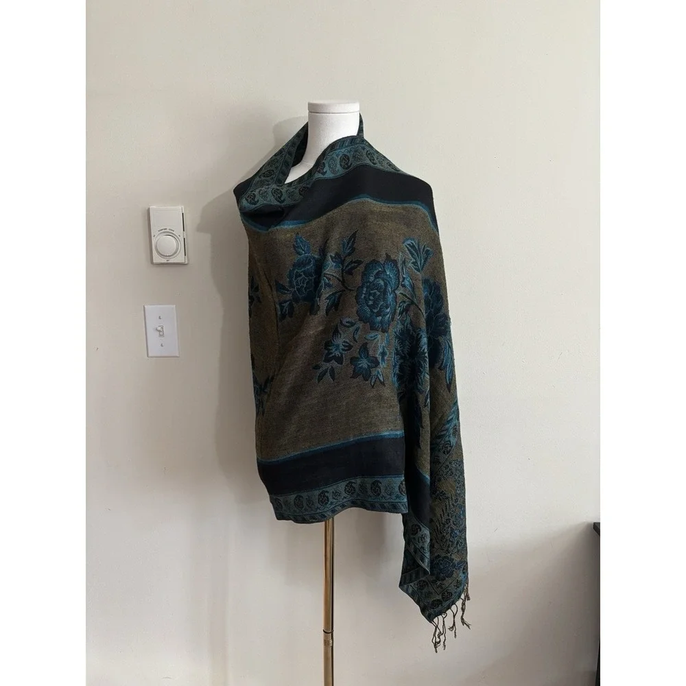 Pashmina Shawl Scarf Wrap Silk Cashmere Blue Floral Fringe Whimsigoth Boho